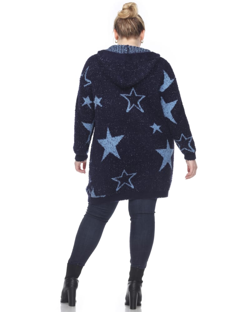 Hooded Open Front Sherpa Coat Navy Light Blue Stars